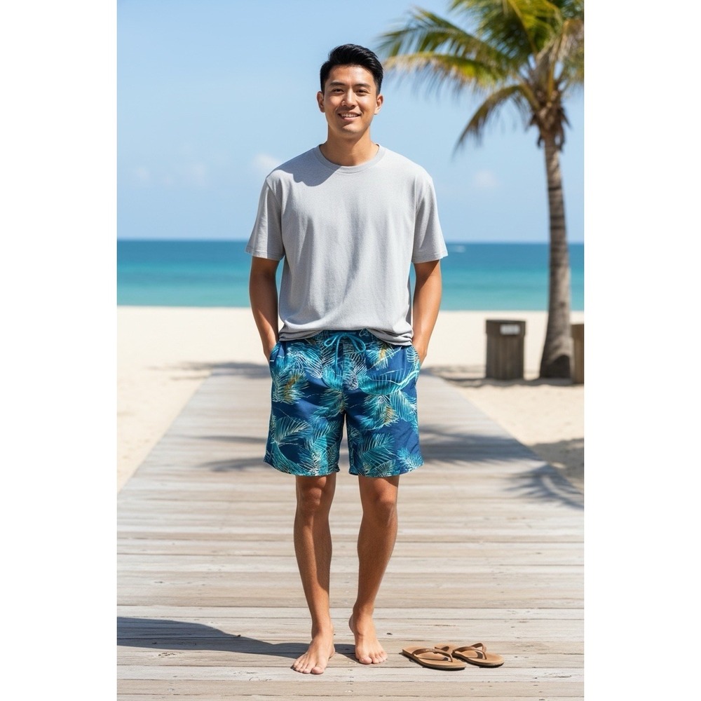 Volcom Men's 36 Hybrid Board Shorts Swim Blue Palm EUC Inseam 9.25"